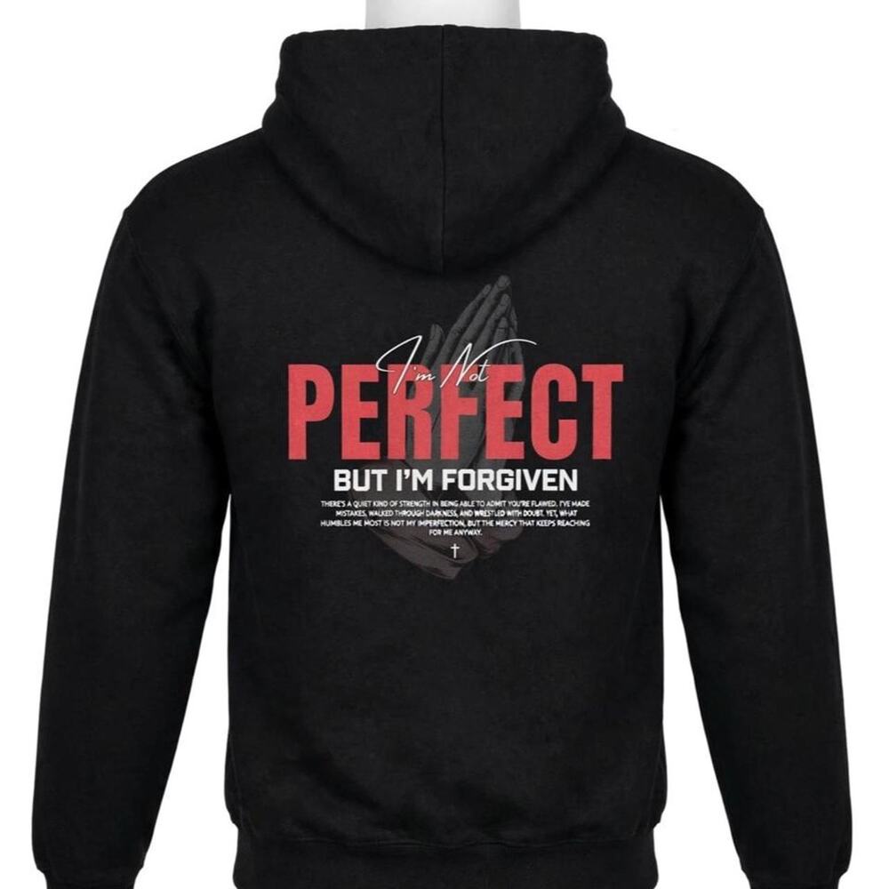 'I'm Not PERFECT BUT I'M FORGIVEN' with a cross graphic Black Hoodie Men's Large